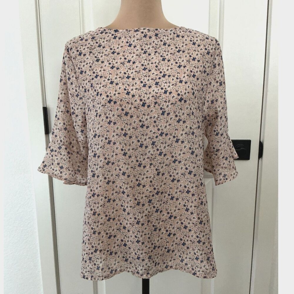 Women’s Floral Two-Way Tie Neck Blouse Bell Sleeves Lightweight -Large